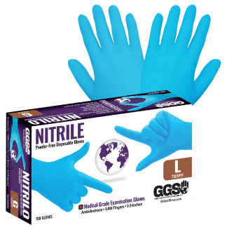 GGS 705PF - Nitrile, Powder-Free, Medical-Grade, Blue, 5-Mil, Textured Fingertips, 9.5-Inch Disposable Examination Gloves - DOZEN