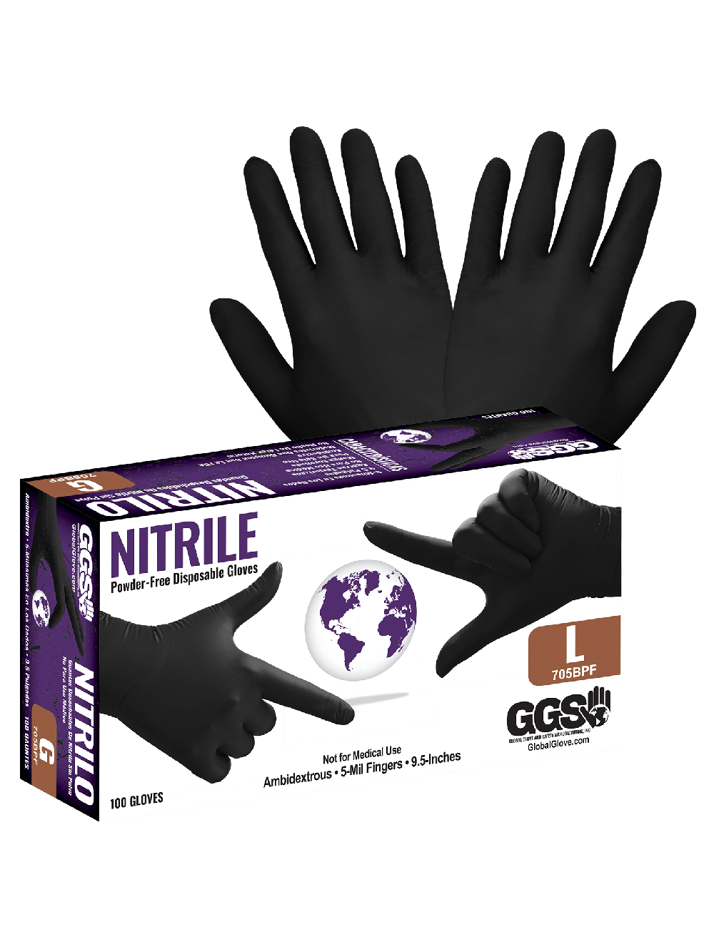 GGS 705BPF - Nitrile, Powder-Free, Industrial-Grade, Black, 5-Mil, Textured Fingertips, 9.5-Inch Disposable Gloves - CASE