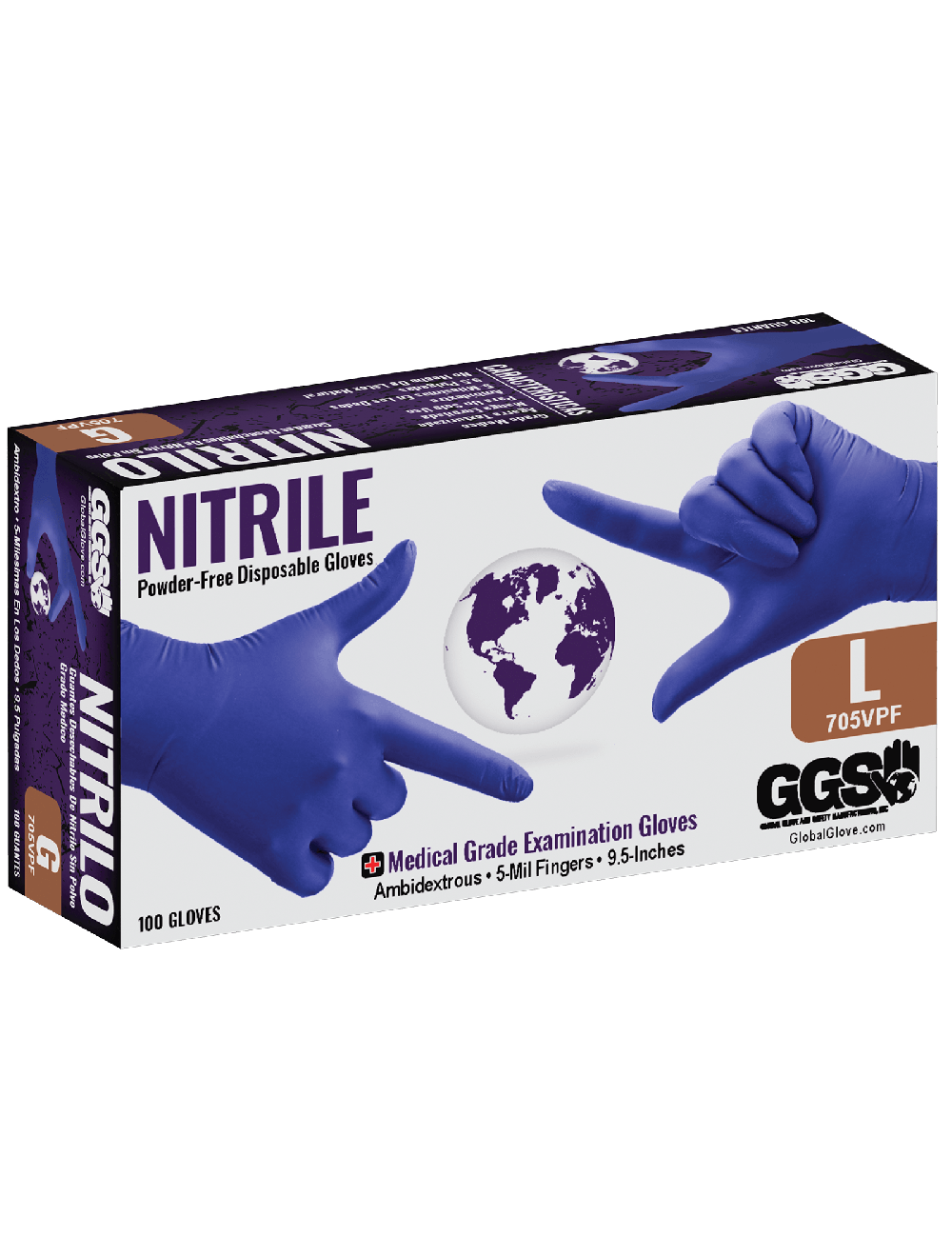 GGS 705VPF - Medical Grade Disposable Gloves - Powder Free, Violet Nitrile 5-Mil, Textured Fingers, Ambidexterous - FDA Compliant - CASE - Image 2
