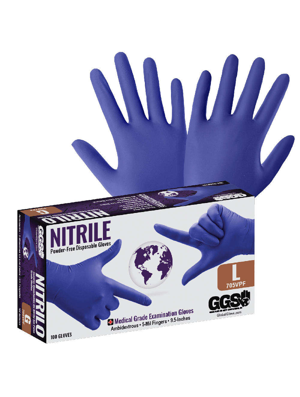 GGS 705VPF - Medical Grade Disposable Gloves - Powder Free, Violet Nitrile 5-Mil, Textured Fingers, Ambidexterous - FDA Compliant - CASE
